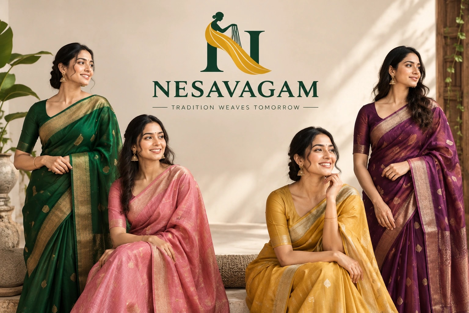 Women wearing Nesavagam handloom sarees in green, pink, mustard and purple
