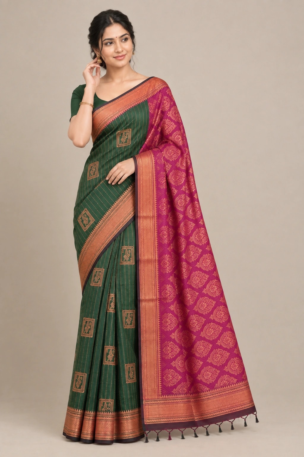 Model wearing the Nesavagam emerald green and rani pink handloom saree