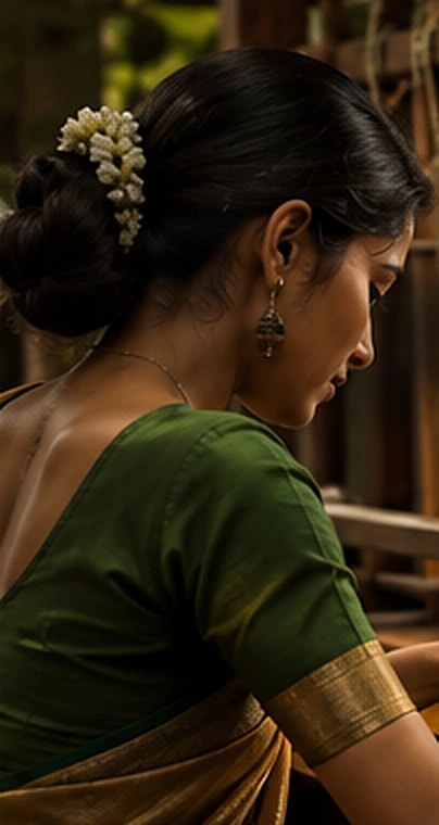 A weaver working at a wooden handloom